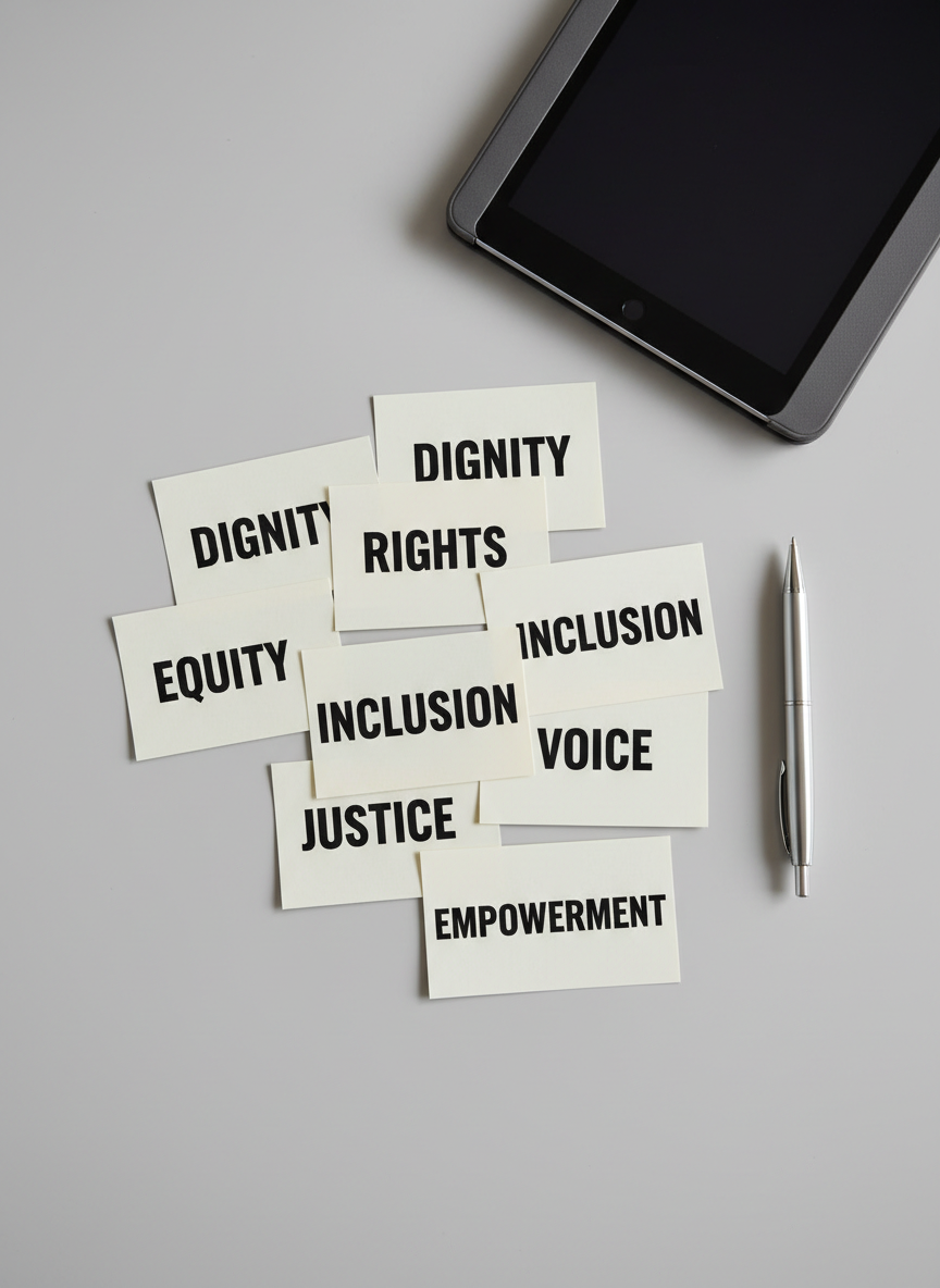 A carefully arranged cluster of neutral-colored index cards spread across a smooth, pale-gray tabletop, each card featuring a bold, simple keyword such as “Dignity,” “Rights,” “Inclusion,” and “Voice” in black, high-contrast type. A slim, metallic pen lies parallel to the table edge, and a closed, charcoal-gray tablet rests just beyond the cards. Soft studio lighting from above and slightly to the right creates subtle gradients and crisp yet gentle shadows, emphasizing the flat, tactile surfaces. Shot from a directly overhead, bird’s-eye perspective with plenty of negative space, the composition feels calm, methodical, and empowering, aligning with a professional, evidence-based advocacy tone in crisp photographic realism.