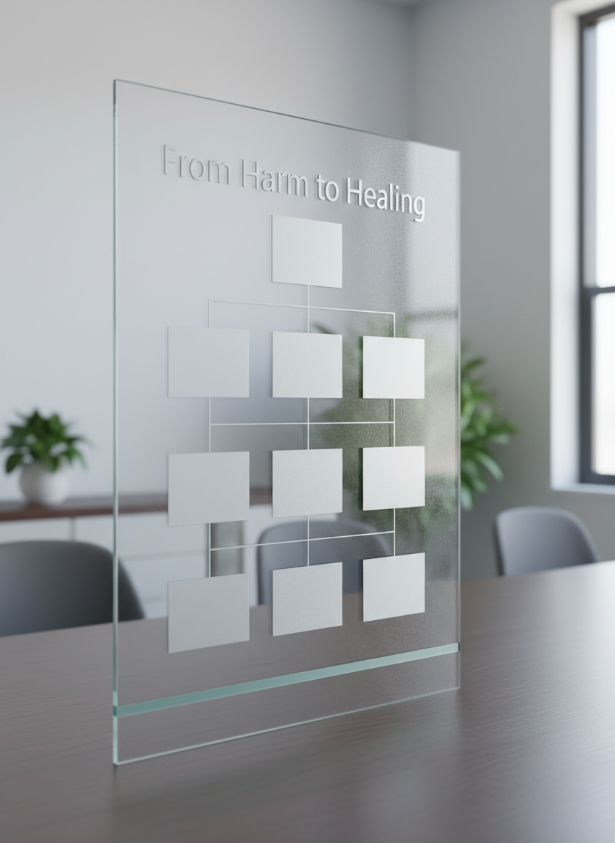 A large, frosted-glass pane standing upright on a sleek, dark desk, etched with a series of clean, interconnected rectangles resembling a calm, structured flowchart titled “From Harm to Healing.” Each rectangle is empty, representing open pathways, with a subtle accent line in muted teal running along the bottom edge of the glass. The background is a softly blurred, neutral office interior with clean lines and no clutter. Cool, diffused light from a window to the right creates a soft glow along the etched lines and a faint reflection on the desk surface. Framed at a slight three-quarter angle, the image emphasizes clarity, process, and reform in a minimalist, corporate photographic style.