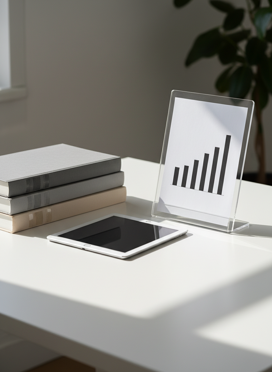 A tidy research corner with a stack of three hardcover books in muted gray and sand tones, their blank spines subtly embossed with abstract bar patterns instead of titles, resting beside a slim, silver tablet on a matte white table. A transparent acrylic stand holds a single sheet of paper printed with a simple, high-contrast chart of evenly spaced bars ascending in height, symbolizing progress. Gentle daylight filters in from the left, casting soft, elongated shadows and reflections on the acrylic. Captured at a slightly elevated, three-quarter angle with a moderate depth of field, the composition feels analytical yet hopeful, embodying evidence-based reform and quiet resilience in a clean, photographic, corporate aesthetic.