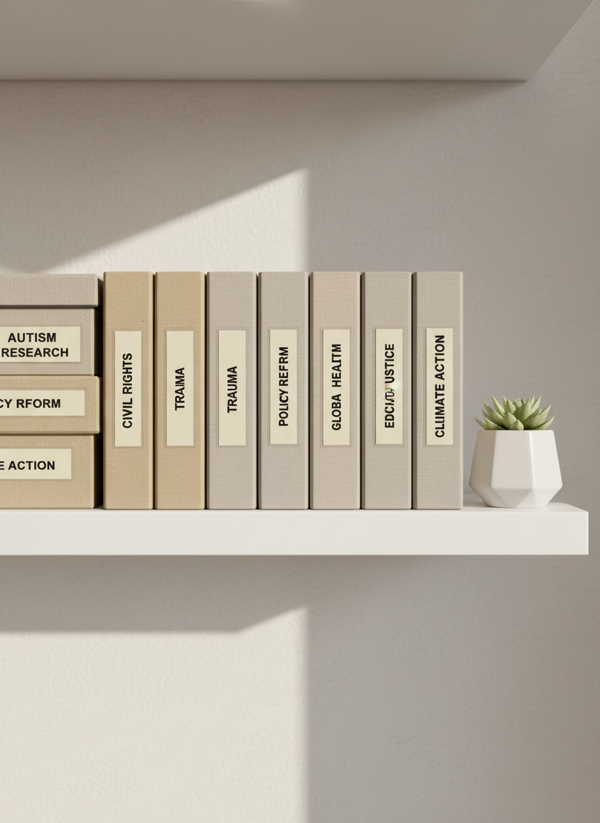 A row of neutral-toned file boxes and labeled binders arranged on a sleek white shelf, each spine clearly marked with concise, legible terms like “Autism Research,” “Civil Rights,” “Trauma,” and “Policy Reform” in a modern sans-serif font. The shelf stands against a matte, light-beige wall, with a single, small, geometric plant pot adding subtle greenery at one end. Soft, overcast daylight from the left casts even illumination and faint, orderly shadows beneath each binder. Photographed from a slightly elevated angle with sharp focus throughout, the composition emphasizes structure, organization, and open-access knowledge in a clean, photographic, minimalist corporate style.