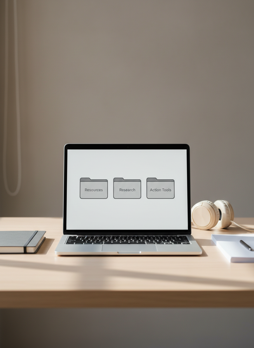 A minimalist workspace featuring an open laptop on a clean, light-wood desk, its screen displaying a simple, monochrome dashboard of organized folders labeled “Resources,” “Research,” and “Action Tools.” Around the laptop sit a slim, gray notebook, a few neatly stacked white documents, and a pair of neutral-toned over-ear headphones resting flat. The background shows a softly blurred, uncluttered office wall in warm gray. Soft, diffused daylight from an unseen window illuminates the scene, creating gentle, professional shadows. Shot at eye level with a shallow depth of field, the composition is centered and balanced, conveying clarity, focus, and accessibility in a photographic realism style with a clean, corporate, mobile-first aesthetic.